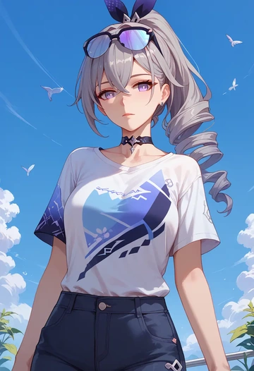 star rail,silver wolf,handwritten script shirt,dolphin shorts  - AI generated anime art